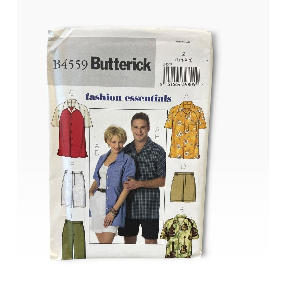 Butterick Sewing Pattern B4559 Unisex Size L-XL Shirt Shorts Raglan Casual FF